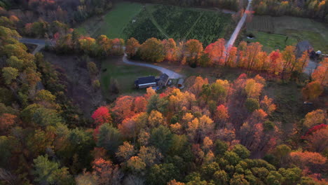 Aerial-View-of-Countryside-Ranch-and-Autumn-Forest-Colors,-Hidden-House,-Green-Fields-on-Golden-Hour-Sunlight,-Drone-Shot