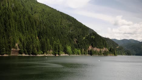 Lago-Escénico-Rodeado-De-Montañas-Verdes-Y-Exuberantes---Toma-Panorámica