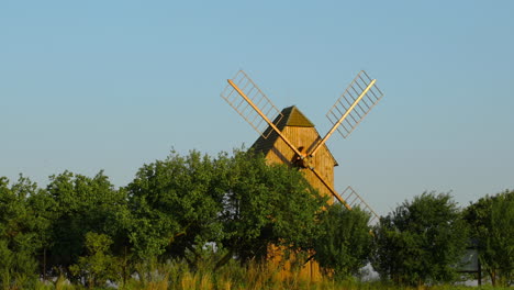 Zoom-in-view-of-a-wooden-historic-mill-standing-among-the-trees-of-apple-trees