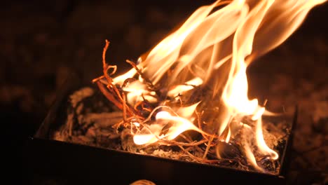 Beautiful-close-up-shot-of-Backyard-Bonfire-burning-in-slow-motion-at-night