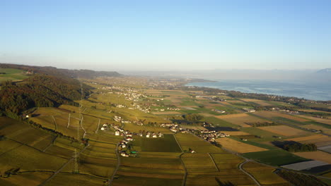Autumnal-Vineyards-in-the-Wine-Region-La-Côte-in-Vaud,-Switzerland---aerial-panoramic
