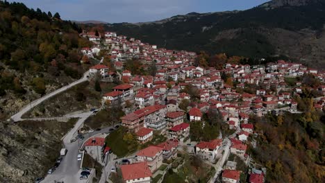 Aerial-drone-view-of-famous-Metsovo-in-Epirus,-in-the-mountains-of-Pindus-in-northern-Greece