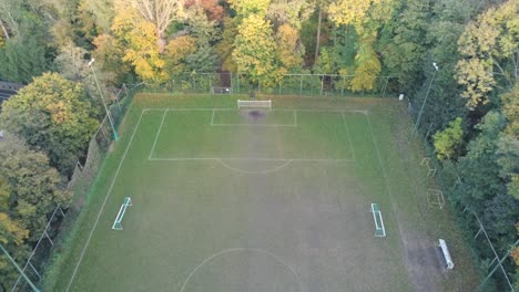 Secret-hidden-soccer-pitch-in-the-forest,-aerial-zoom-out,-top-shot
