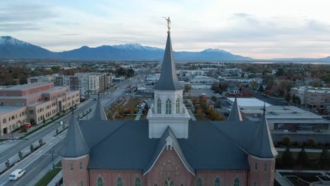 LDS-Mormon-Temple-in-Downtown-City-of-Provo,-Utah---Aerial-Establishing-Reveal