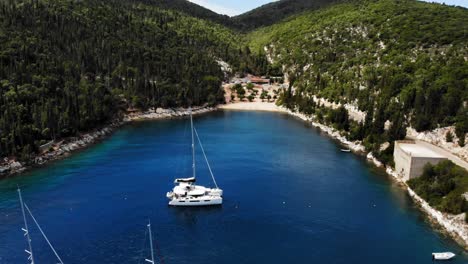 Cruise-Ships-At-Foki-Beach-Foki-Beach-Surrounded-With-Forested-Hills-And-Rocky-Outcrop-In-Kefalonia,-Greece