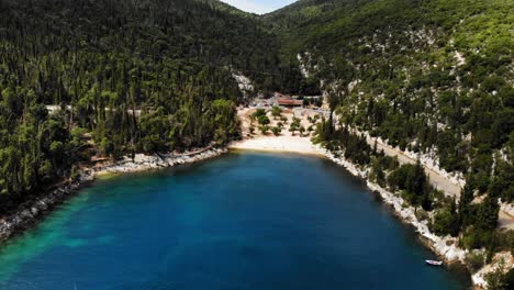 Beautiful-Paradise-Of-Foki-Beach-In-The-Ionian-Islands-Greece---aerial-shot