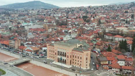 Cityscape-of-Sarajevo,-Bosnia-and-Herzegovina---aerial-drone-shot