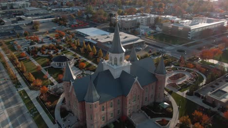 Towering-Spires-atop-the-Provo-City-Center-LDS-Mormon-Temple-Religious-Building---Aerial-Orbit