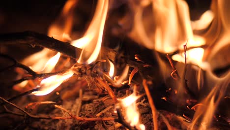 Cinematic-shot-of-burning-Log-Fire-Flames-in-Fireplace-Close-up-Slow-Motion