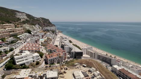 Aerial-drone-view-of-Sesimbra-riviera-and-new-modern-city,-Portugal