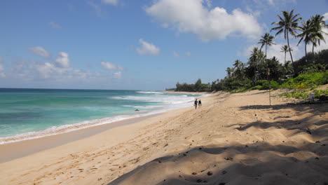 Paar,-Das-An-Einem-Sonnigen-Sommertag-Zusammen-An-Einem-Leeren-Strand-In-Hawaii-Spazieren-Geht