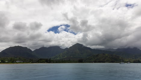 Boats-Adrift-On-Hanalei-Bay-On-The-North-Shore-Of-Kauai-Island-In-Hawaii-With-Cloudy-Sky