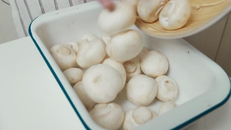 Close-up-on-putting-mushrooms-from-deep-wooden-bowl-into-ceramic-tray-for-cooking
