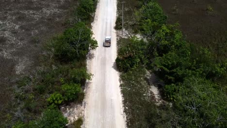 Aerial-View-of-a-Truck-Driving-on-a-Dirt-Road