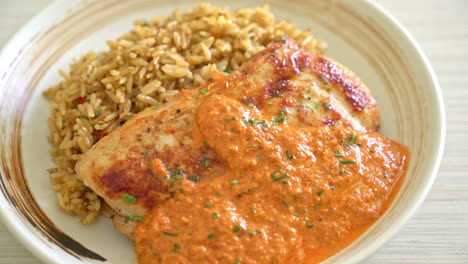 grilled-chicken-steak-with-red-curry-sauce-and-rice---muslim-food-style