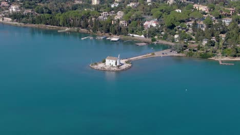 Aerial-view-of-Church-of-the-Hypapante-at-Gouvia-beach-in-corfu-Greece