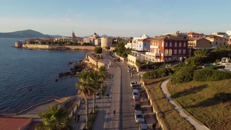 Aerial-shot-flying-over-the-popular-tourist-destination-of-Alghero-in-Italy