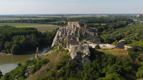 Cinematic-shot-of-Hrad-Devin-castle-in-Bratislava
