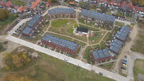 Aerial-view-of-small,-new-neighborhood-with-solar-panels-on-rooftop
