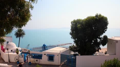 Panoramic-View-Of-Seaside-Resort-Painted-In-Blue-And-White-In-Sidi-Bou-Said,-Tunisia