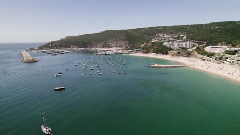 Sesimbra-port-full-of-luxury-vip-yachts-seen-from-the-air,-Portugal