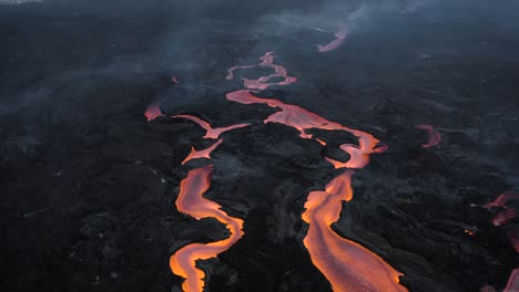 Drone-flying-above-Cumbre-Vieja's-lava-streams-during-eruption