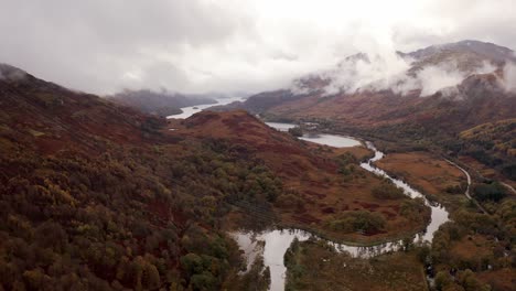 AERIAL---River-Falloch-running-through-the-Scottish-Highlands,-Scotland,-pan-left