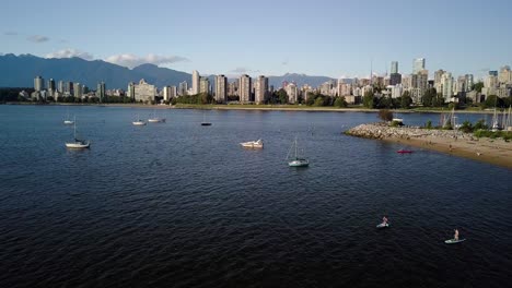 Famous-Kitsilano-Beach-With-Sailboats-And-People-Kayaking-On-The-Ocean