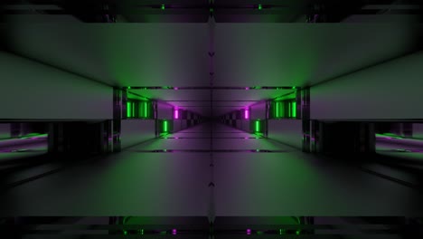 Motion-graphics-sci-fi:-moving-inside-rectangular-futuristic-corridor-purple,-green-and-black-smooth-interior-corridor-and-passageway