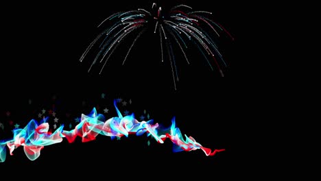 Red,-white-and-blue-ribbon-or-abstract-particle-waves-float-through-the-scene-as-a-patriotic-firework-explodes-overhead---copy-space