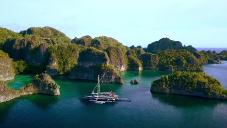 Bigkanu-trimaran-sailboat-with-people-onboard-in-an-expedition-to-Piaynemo-bay,-Aerial-approach-shot