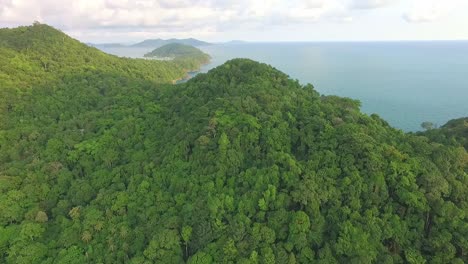 Aerial-shot-of-tropical-Island-with-lush-jungle-and-ocean