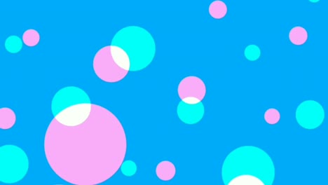 Motion-graphics-of-blue,-pink-and-white-bubbles-of-various-sizes,-popping,fading-and-revolving,-on-blue-background