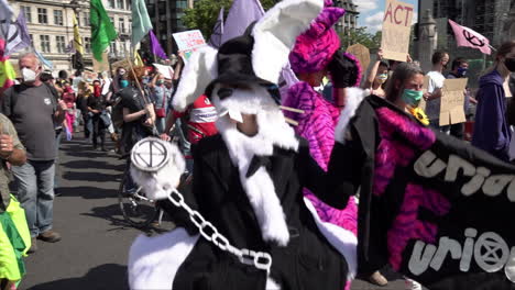 Extinction-Rebellion-climate-change-protestors-dressed-as-Alice-in-Wonderland-and-the-White-Rabbit,-holding-a-banner-that-says-“furiouser-and-furiouser”-march-past-parliament-in-London-on-a-sunny-day