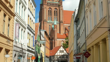 Aug-2020,-Schwerin,-Germany:-View-of-Schwerin-Lutheran-Cathedral-from-a-narrow-alley-of-the-old-town