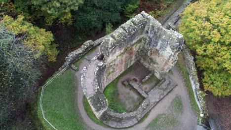 Aerial-view-above-Ewloe-castle-abandoned-ruins-hidden-in-Autumn-woodland-birdseye-orbit-right