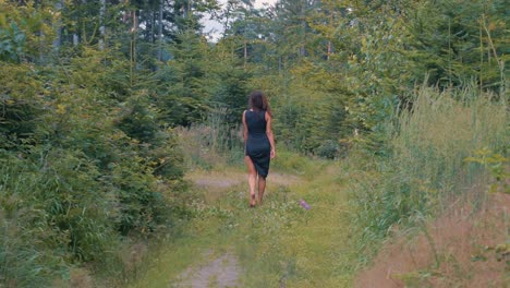 Back-View-Of-A-beautiful-Woman-With-Long-Hair-Walking-In-Middle-Of-The-Forest-In-European-woods---Full-Body-Shot