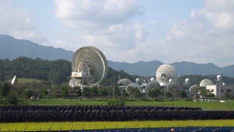 KT-SAT-Satellite-Dishes-In-Kumsan,-South-Korea-At-Daytime---zoom-in-shot