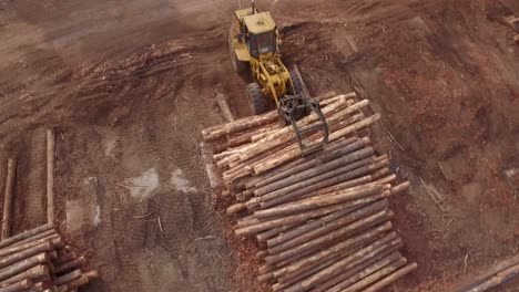 4K-Orbiting-Aerial-Shot-of-Timber-Logging-Front-loader-Vehicle-Dropping-logs
