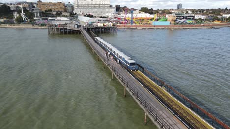 Aerial-footage-Southend-on-Sea-pier-train-coming-into-station