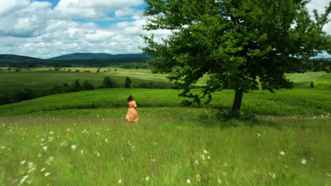 Girl-in-Orange-Dress-in-meadow-of-Lika-Region,-Croatia