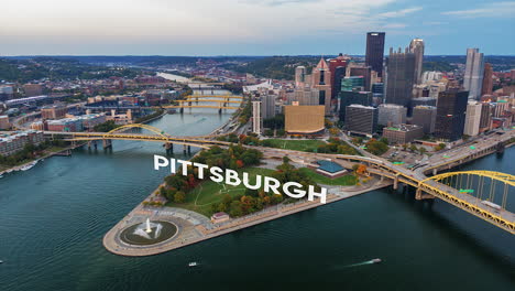Cinematic-aerial-hyperlapse,-timelapse-of-downtown-Pittsburgh-at-dusk