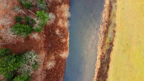 Top-down-bird's-eye-drone-footage-of-woodlands,-a-narrow-fishing-river,-and-agricultural-field