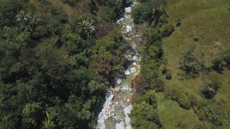 Drone-aerial-Bird's-eye-view-of-a-river-flowing-with-water-and-rocks-in-a-forest-in-Colombia