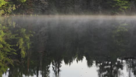 Aufsteigender-Dampf-Und-Baumreflexion-Auf-Dem-See,-Wunderschöne-Kanadische-Landschaft