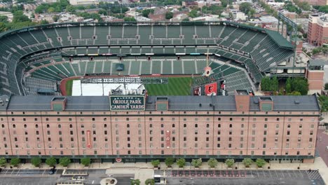B-O-Warehouse,-adjacent-to-Oriole-Park-at-Camden-Yards,-Baltimore---Ohio-Railroad,-aerial-truck-shot-reveals-stadium-of-Orioles-MLB-team