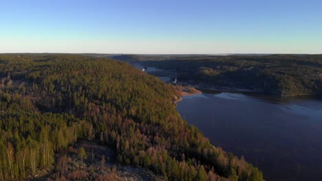 Beautiful-aerial-view-from-Swedish-lake-and-forest