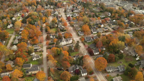 Drone,-lovely-residential-district-in-fall-revealing-harbor-and-coast