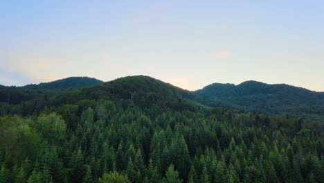 Aerial-view-over-forest-and-hills-in-the-Carpathian-Mountains,-during-dusk,-in-Ukraine---reverse,-drone-shot