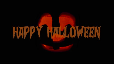 Happy-Halloween-Niedliche-Jack-O&#39;-Laterne-Leuchtet-Im-Dunkeln-Mit-Textanimation-Frohes-Halloween-Wünschen:-Geschnitzte-Kürbisdekoration-Mit-Brennender-Kerze-Im-Inneren